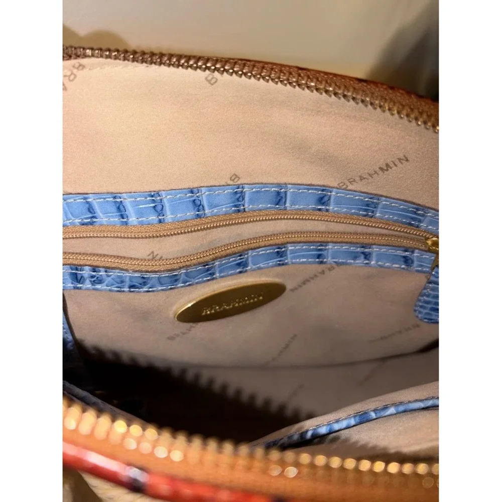 Brahmin Tri-Color Croc Embossed Leather Satchel Crossbody Bag Cream Brown Blue
